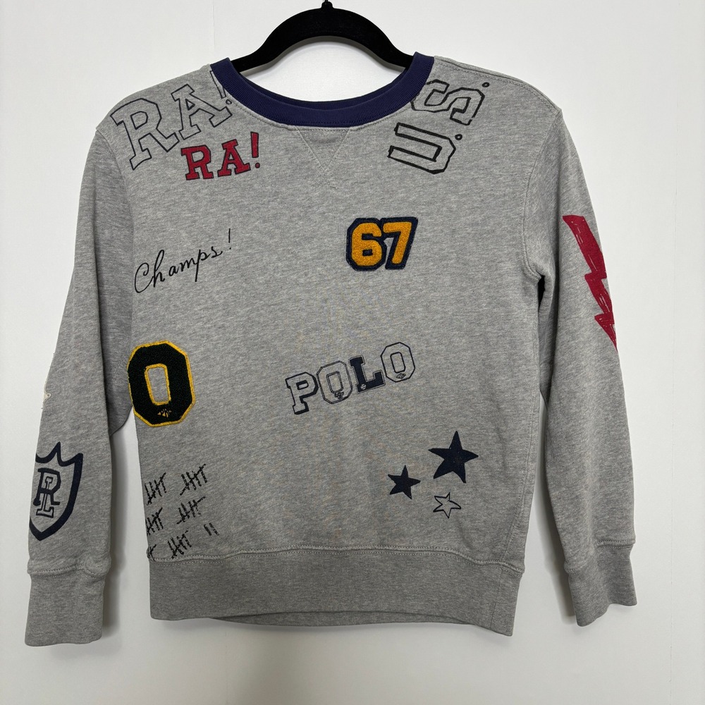 Polo Ralph Lauren Kids Gray Graphic Patchwork Sweatshirt S 8 Varsity Ringer Top